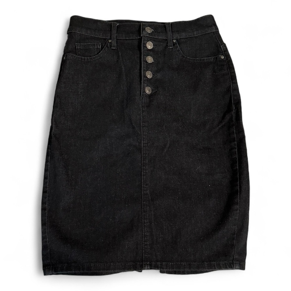GUESS Black Denim Skirt Stretchy Button Fly Midi Mini size 29 Party Date 7 9 28